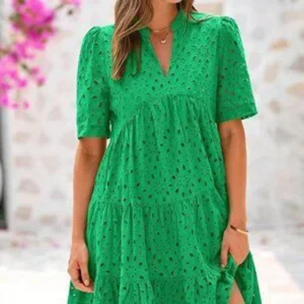 ZARA Green Boho Embroidered Eyelet V-Neck Sleeve Lace Tiered Women's Mini Dress